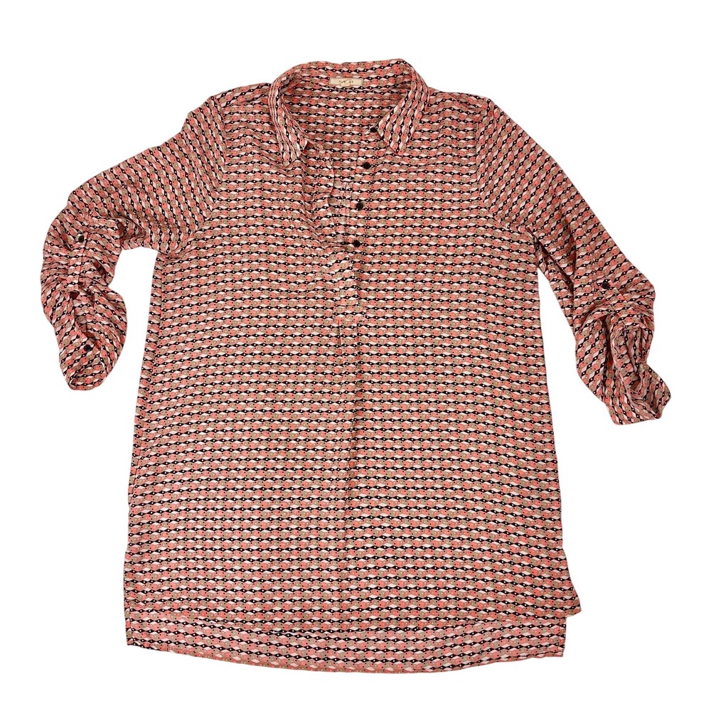 Breezy Vintage Pleione Geometric Print Blouse Roll‎ Tab Sleeves in Coral Black M
